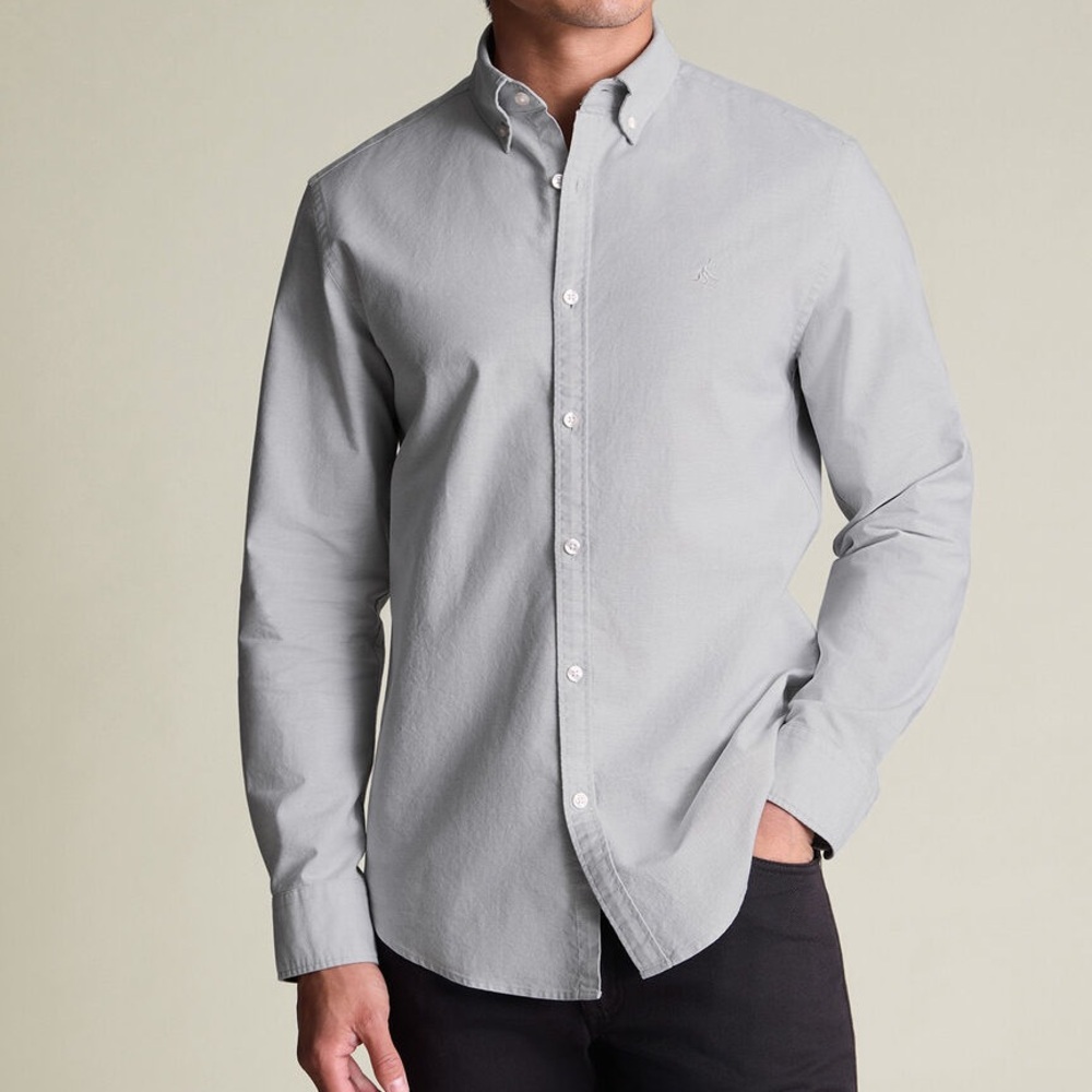 Charles Tyrwhitt Button-Down Stretch Washed Oxford Shirt in Gray Sz Large